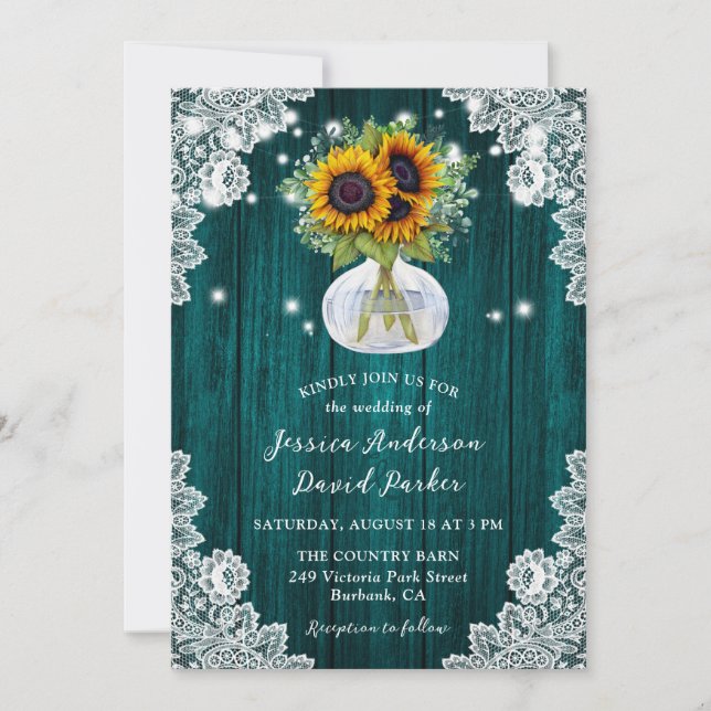 Convite Casamento De Madeira De Teal Sunflower Mason Jar F (Frente)