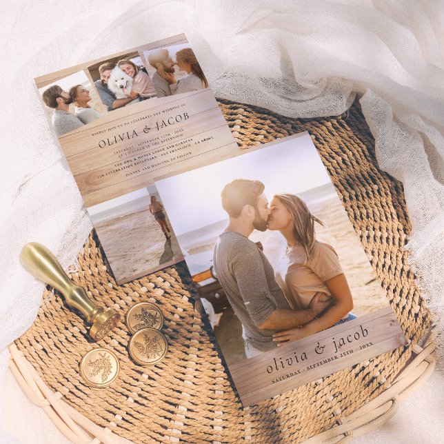 Convite Casamento de Madeira Elegante Mínima Russa e 5 Fot (Criador carregado)