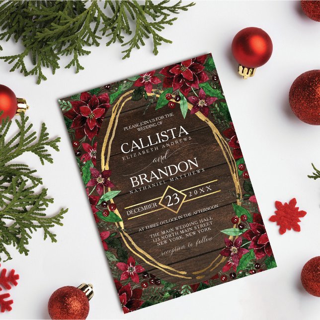 Convite Casamento de Madeira Floral de Poinsettia Vermelha (Criador carregado)