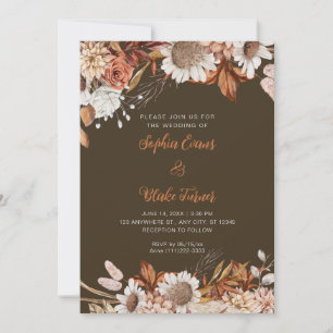 Convite Casamento de Madeira Marrom Branco Flores Boho Rus