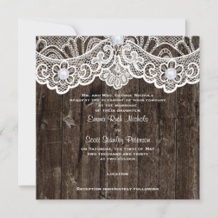 Convite Casamento de madeira marrom com renda branca