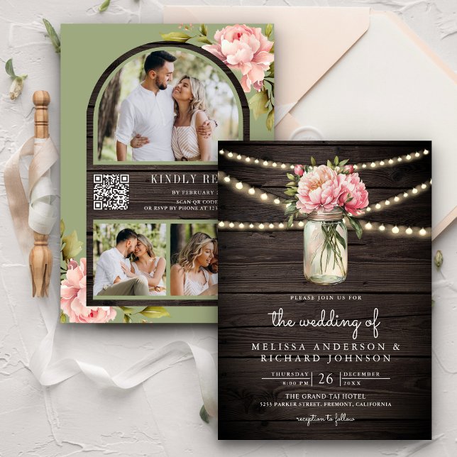 Convite Casamento de madeira Mason Jar, Código QR, Peony R (Criador carregado)