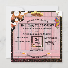 Convite Casamento De Madeira Rosa-Rosa Com Ouro Rustic Boh