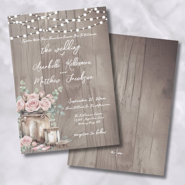Convite Casamento de Madeira Rosas Rosa-Escamufladas Rústi (Country Blush Pink Roses Rustic Wood Wedding Invitation)