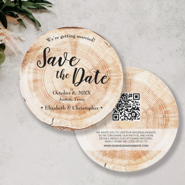 Convite Casamento de madeira russa com código QR website d (Unique rustic wood wedding save the date QR code wedding website.)