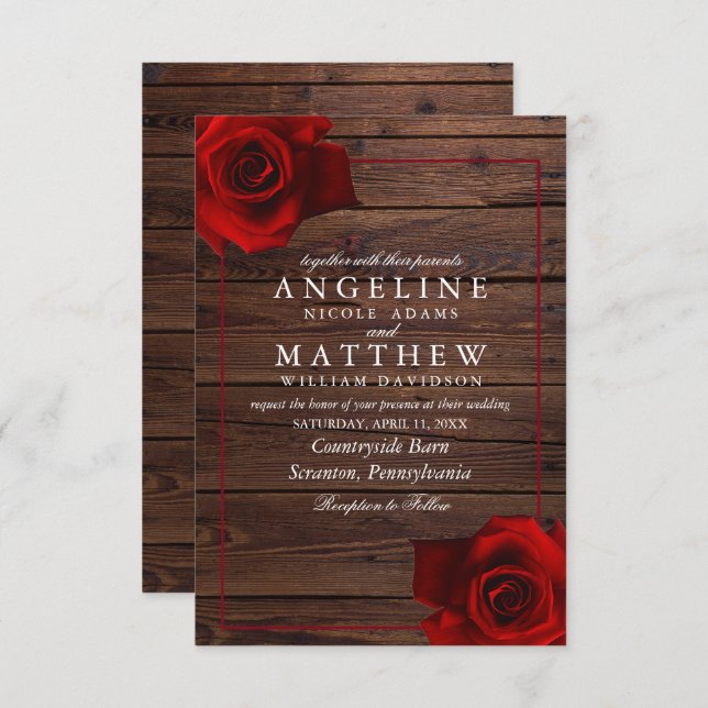 Convite Casamento de Madeira russa da Rosa vermelha Borgon (Frente/Verso)