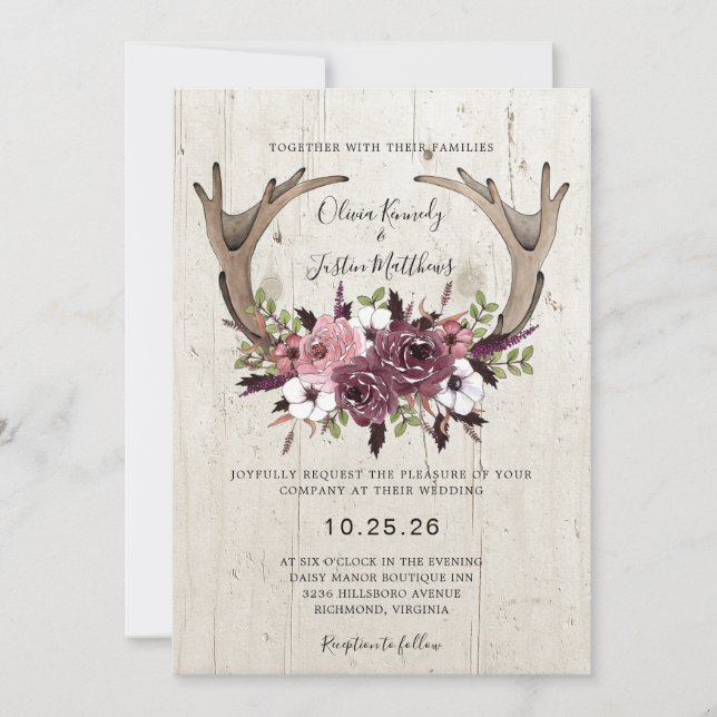 Convite Casamento de Madeira Rustic Boho Floral Antlers (Frente)
