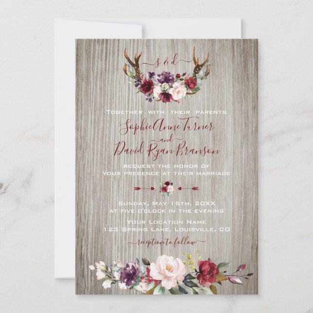 Convite Casamento de Madeira Rustic Burgundy Pink Floral A (Frente)