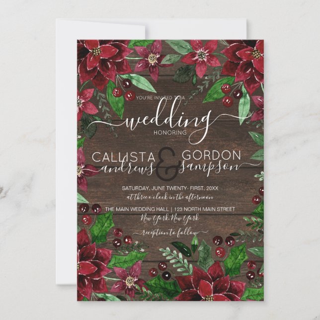 Convite Casamento de Madeira Rustic Floral Holly Ivy Water (Frente)