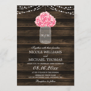 Convite Casamento de Madeira Rustic Pink Hydrangea Mason J