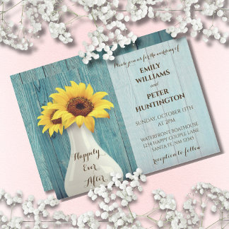 Convite Casamento de Madeira Rustic Sunflower Blue