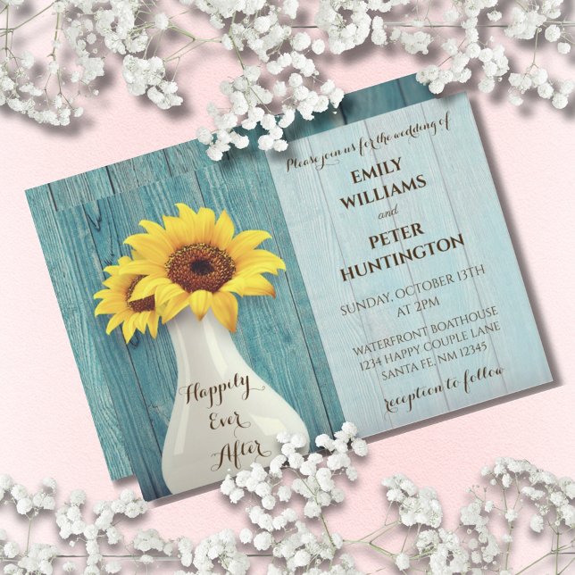 Convite Casamento de Madeira Rustic Sunflower Blue (Rustic Sunflower Blue Barnwood Wedding Invitation)