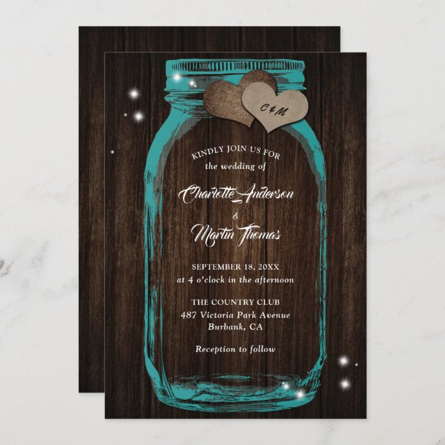 Convite Casamento de Madeira Rustic Teal Mason Jar (Frente/Verso)