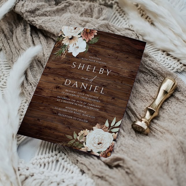 Convite Casamento de Madeira Rustic Wood Flowers Autumn Bo (Criador carregado)
