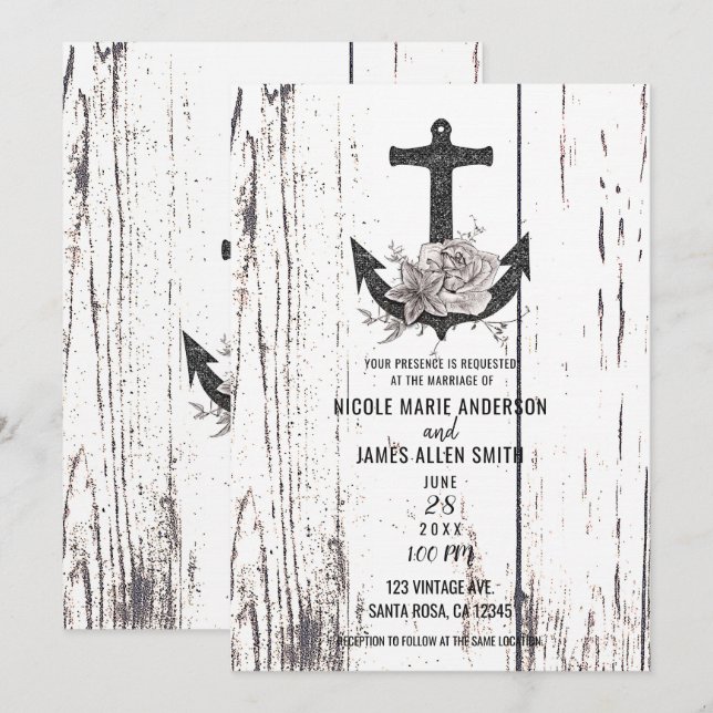 Convite Casamento de Madeira Rústica Âncora de Praia Coste (Frente/Verso)