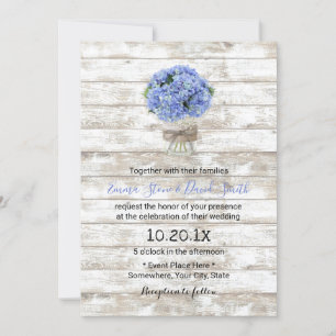 Convite Casamento de Madeira Rústica Azul Hydrangea Flora