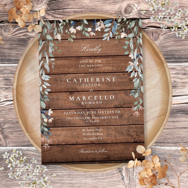 Convite Casamento de Madeira Rústica com Cascata Floral Gr (Greenery Floral Cascade Rustic Wood Wedding Invitation)