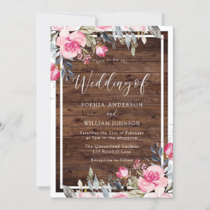 Convite Casamento De Madeira Rústica Com Flores Rosa Blus