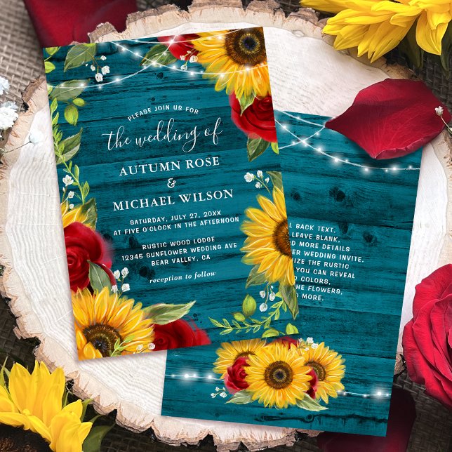 Convite Casamento de Madeira Rústica com Rosa de Sunflower (Personalized rustic teal wood, red rose sunflower wedding invitations to celebrate your big day!)