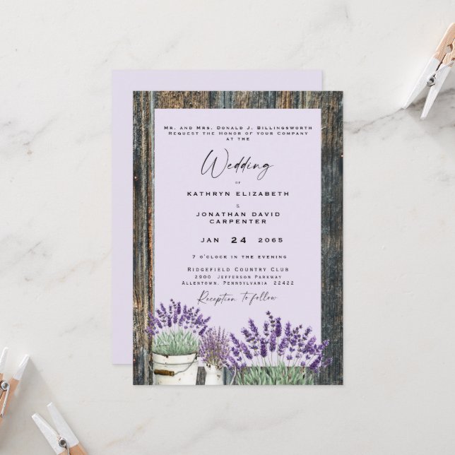 Convite Casamento de Madeira Rústica Lavanda Pálida (Frente/Verso In Situ)