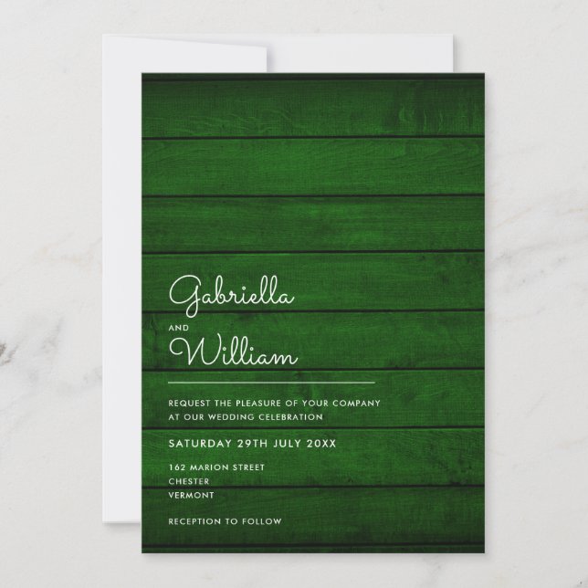 Convite Casamento de Madeira Simples Rústico Verde Esmeral (Frente)