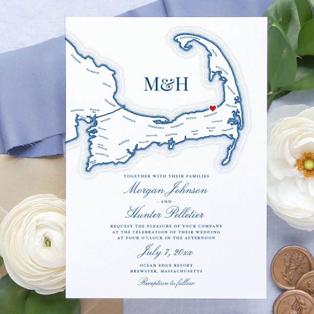 Convite Casamento de MÃES de Brewster de Resort Ocean Edge (These Cape Cod map wedding invites are perfect for your Ocean Edge Resort wedding in Brewster)