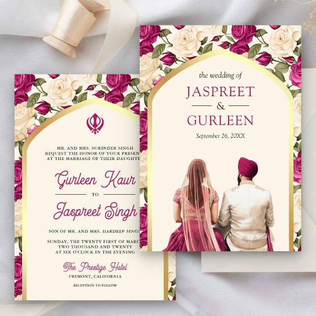 Convite Casamento de Magenta Floral Punjabi Anand Karaj Si (Criador carregado)