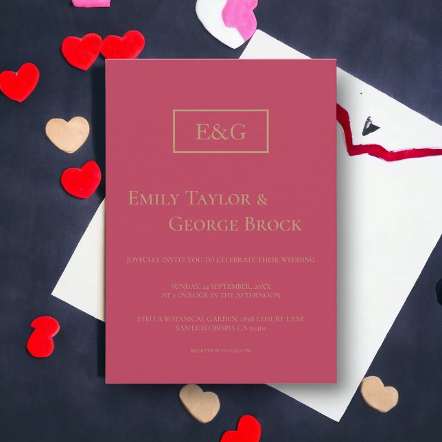 Convite Casamento de Magenta Monograma com Script Simples  (Criador carregado)