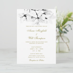 Convite Casamento de Magnólia Branca Clássico Dourado Mode