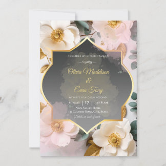 Convite Casamento de Magnólia Floral em Carvão e Dourado e