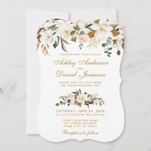 Convite Casamento de Magnolia Rosa Floral Dourado