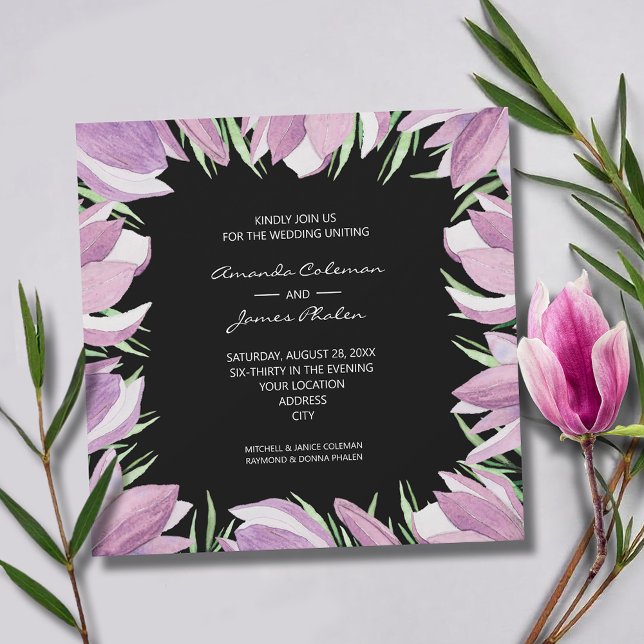 Convite Casamento de Magnolias Roxas Elegante (Elegant purple and white magnolias square wedding invitations - INSTANT DOWNLOAD and/or PRINTED)