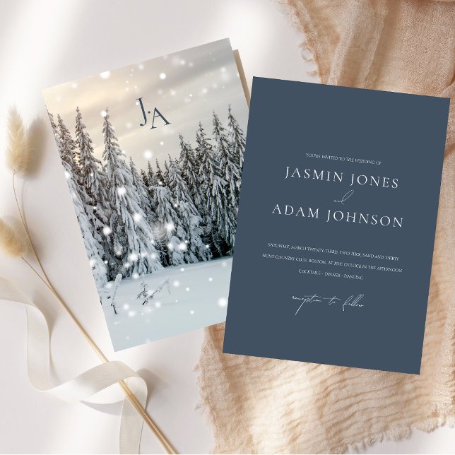 Convite Casamento de Manchas de Neve da Woodland Woodland  (Winter Wonderland Woodland Snow Script Wedding Invitation)
