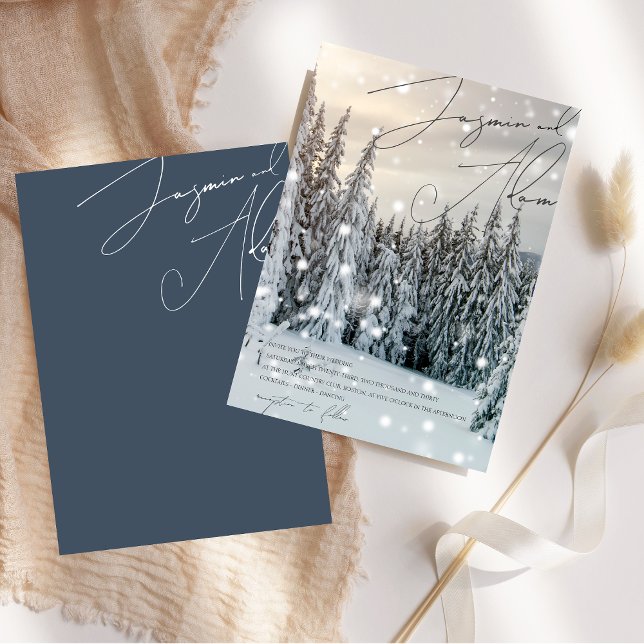 Convite Casamento de Manchas de Neve da Woodland Woodland  (Winter Wonderland Woodland Snow Script Wedding Invitation)