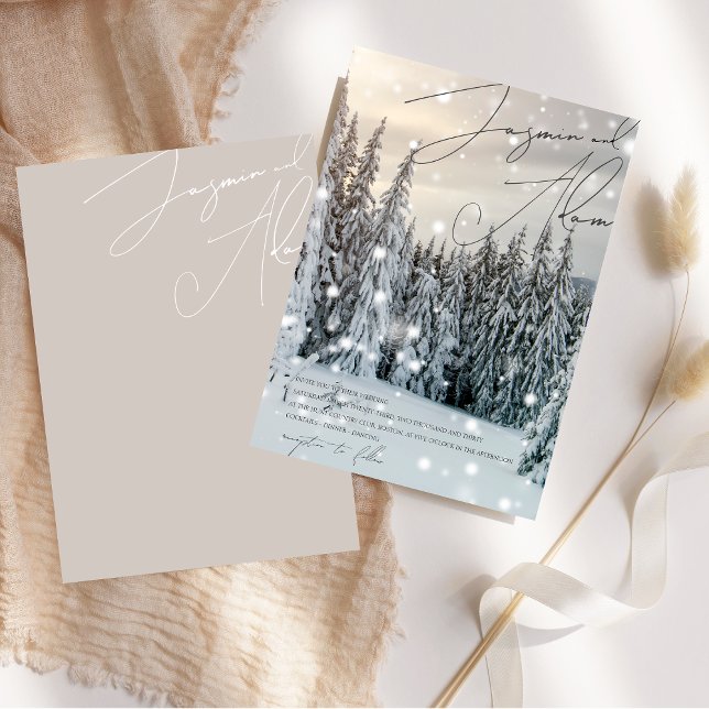 Convite Casamento de Manchas de Neve da Woodland Woodland  (Winter Wonderland Woodland Snow Script Wedding Invitation)
