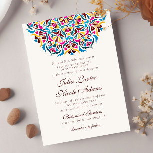 Convite Casamento de Mandala Floral Caprichoso Azul Magent