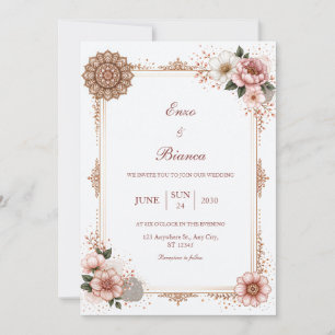 Convite Casamento de Mandala Floral com Moldura em Rose Go