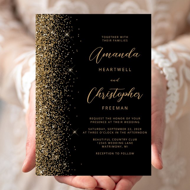 Convite Casamento de Manuscrito com Falhas Douradas e Negr (Criador carregado)