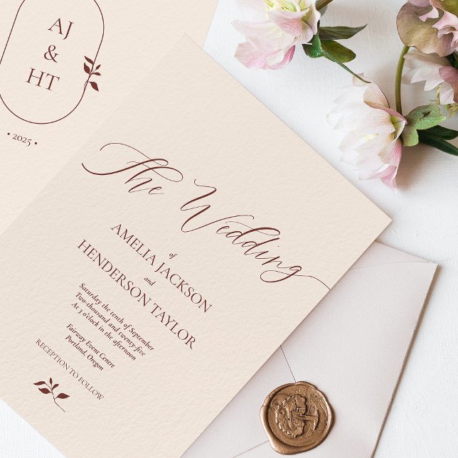 Convite Casamento de Manuscrito de Boho Terracotta Beige M (Minimalist Boho Beige Terracotta Script Wedding Invitation)