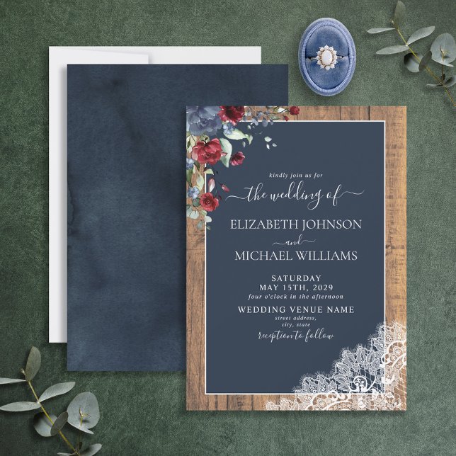Convite Casamento de Manuscrito de Madeira Azul-Borgonha-M (Criador carregado)