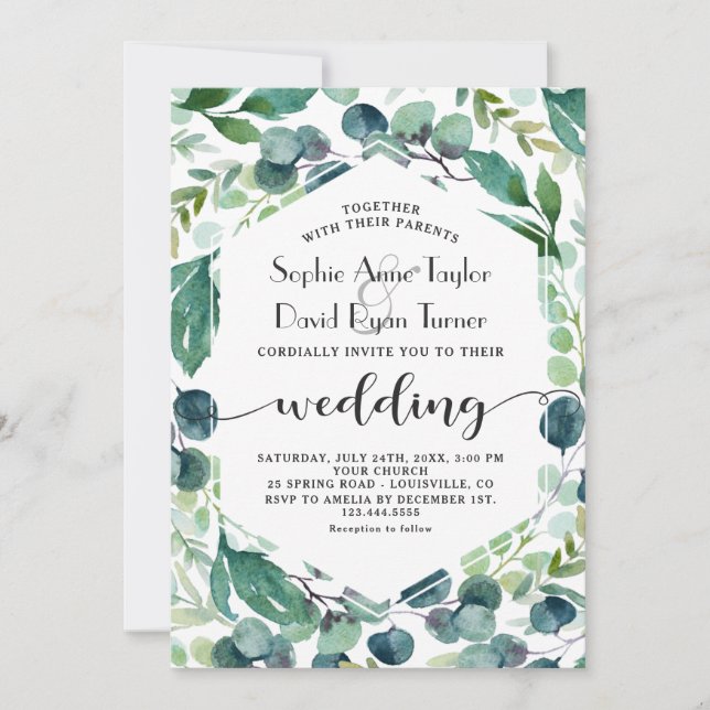 Convite Casamento de Manuscrito de Watercolor Eucalyptus W (Frente)