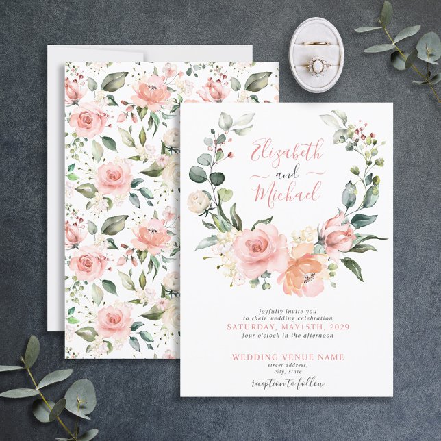 Convite Casamento de Manuscrito Floral Dusty Pink (Criador carregado)