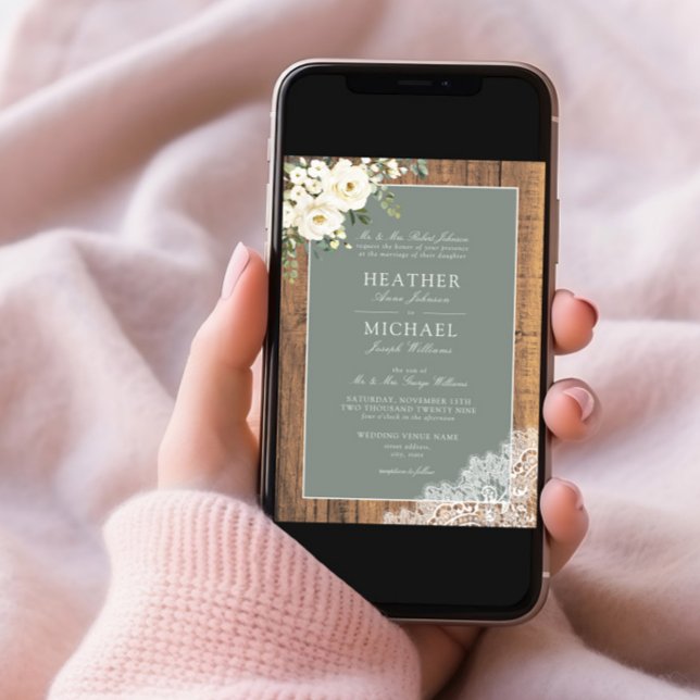 Convite Casamento de Manuscritos de Madeira Verde-Floral B (Criador carregado)