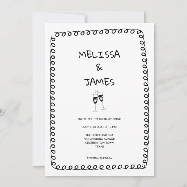 Convite Casamento de Mão Desenhada de Champagne Whimsical (Frente)