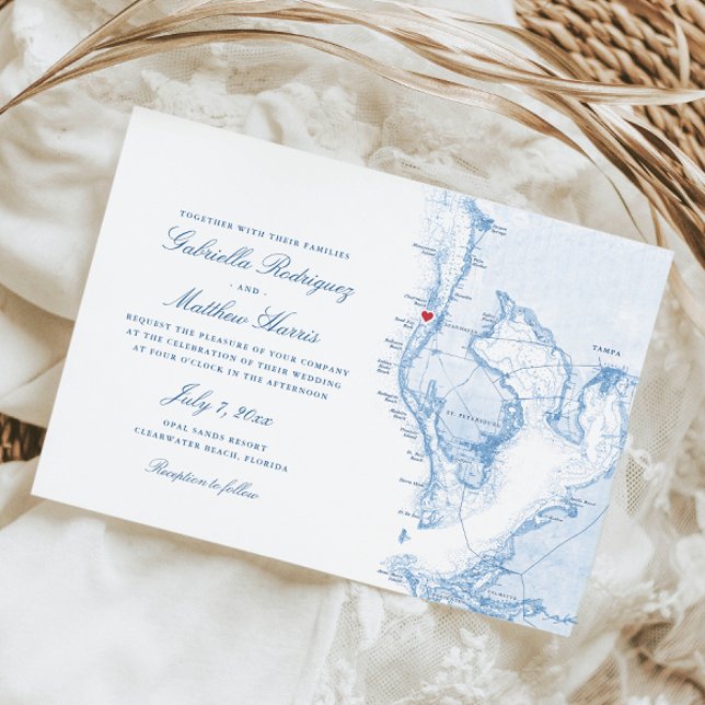 Convite Casamento de Mapa Azul Elegante de Clearwater Beac (Clearwater Beach wedding invitations with watercolor Tampa Bay map illustration
)