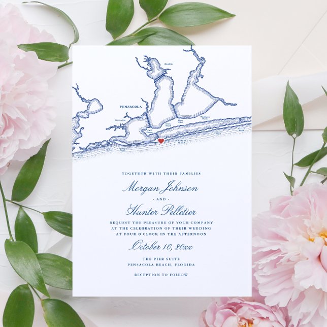 Convite Casamento de Mapa da Praia de Pensacola Elegante (Elegant Pensacola Beach FL Wedding Invitations with navy blue map by Coastal Map Designs)