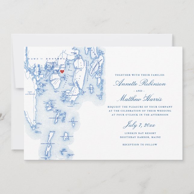Convite Casamento de Mapa de Marinhos Boothbay Maine Bay R (Frente)