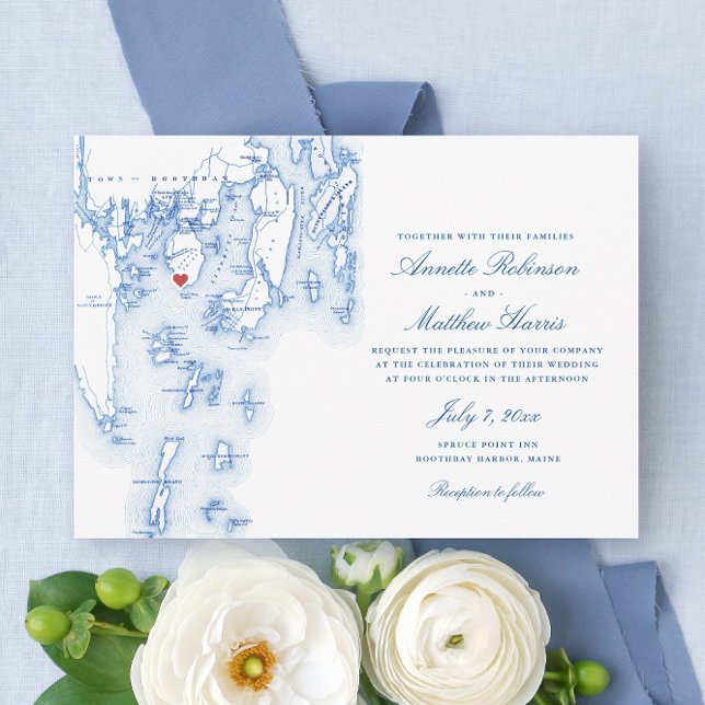 Convite Casamento De Mapa De Marinhos De Maine Em Boothbay (Spruce Point Inn Wedding Invitations with Elegant navy blue map of Boothbay Harbor Maine)