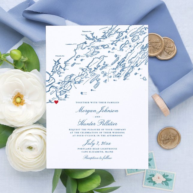 Convite Casamento de Mapa de Marinhos Elegante de Cape Eli (These Cape Elizabeth Maine invitations are perfect for your destination wedding on Casco Bay)