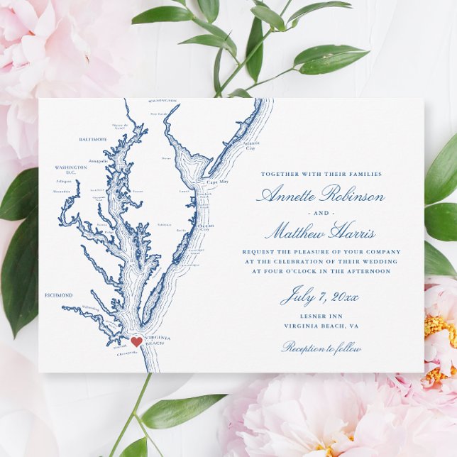 Convite Casamento de Mapa de Praia da Virgínia Elegante (Elegant Virginia Beach map wedding invitation with navy blue script and map of Chesapeake Bay)
